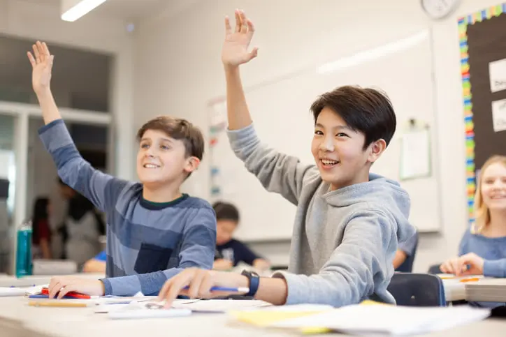 Portrait Of Asian Japanese Korean Multiracial Junior High Elementary School Student Boy Raising Hand To Answer Question In Classroom With Classmates